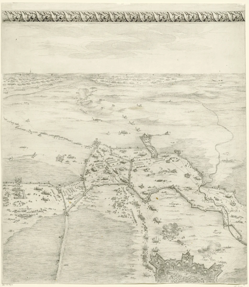 Beleg van Breda, 27 augustus 1624-5 juni 1625 (deel middenboven) by Jacques Callot, print, 1628