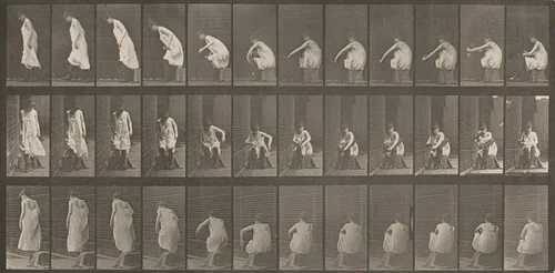 Plate Number 423. Toilet, putting on boots and rising from chair by Eadweard Muybridge, photograph, 1887