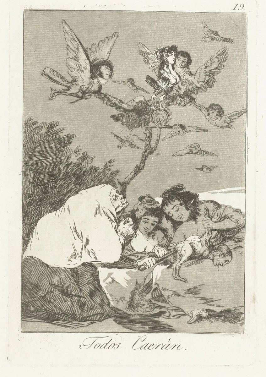 Allen zullen vallen by Francisco de Goya, print, 1797-1799
