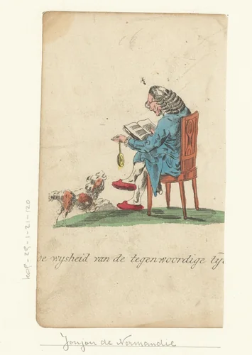 Man op een stoel speelt met een jojo terwijl hij leest by anonymous, print, 1821-1829