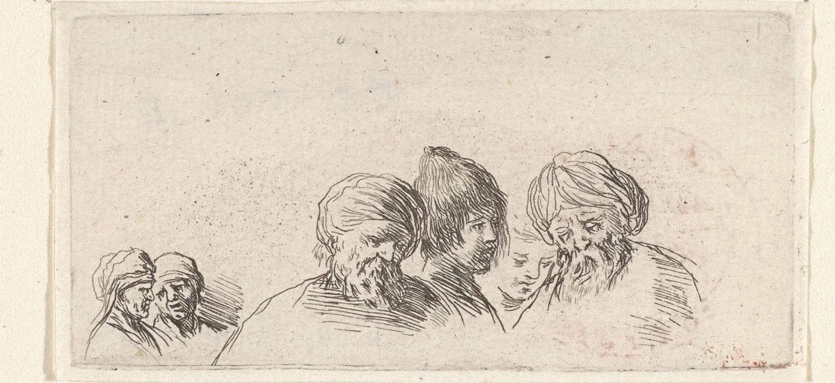 Zes hoofden van mannen by Stefano della Bella, print, 1620-1664