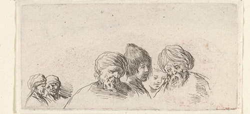 Zes hoofden van mannen by Stefano della Bella, print, 1620-1664