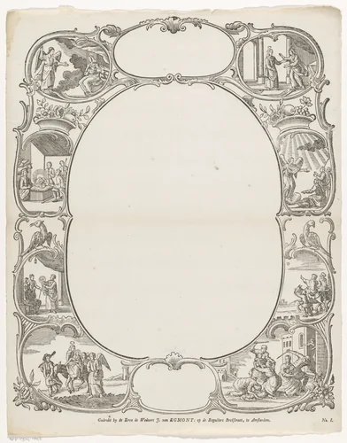 Omlijsting met voorstellingen uit het Nieuwe Testament by Hendrik Numan, print, 1761-1804