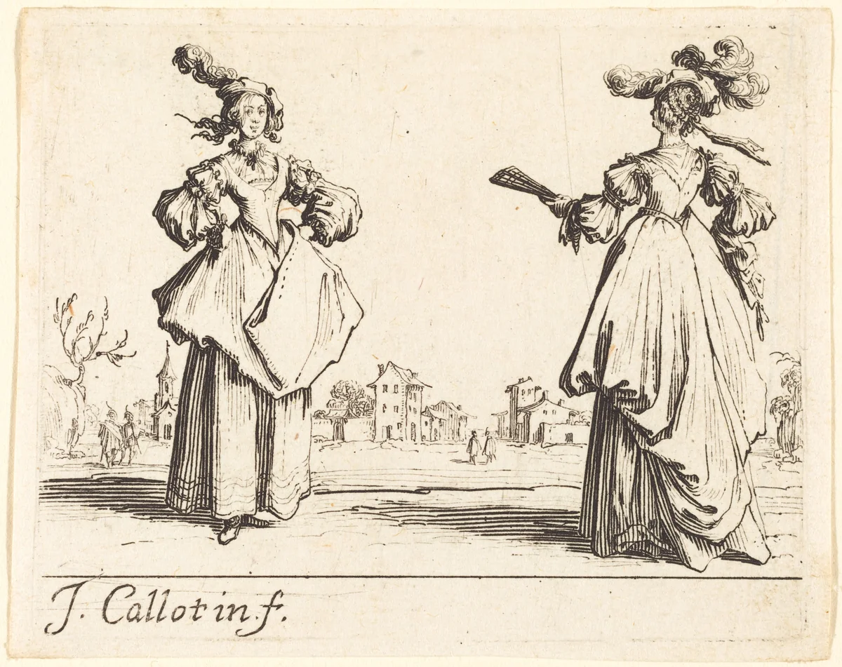 Two Society Women by Jacques Callot, print, 1623