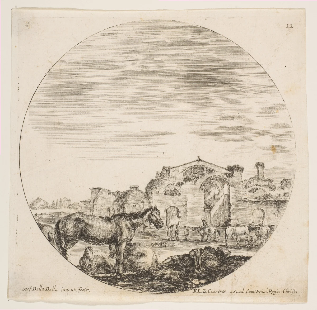 A shepherd sleeping on the ground at right, three horses at left, other horses and various figures to right, the Baths of Diocletian in the background, plate 12 from "Roman landscapes and ruins" (Paysages et ruines de Rome) by Stefano della Bella, print, 1641-1651