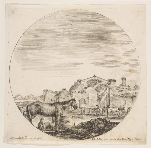 A shepherd sleeping on the ground at right, three horses at left, other horses and various figures to right, the Baths of Diocletian in the background, plate 12 from "Roman landscapes and ruins" (Paysages et ruines de Rome) by Stefano della Bella, print, 1641-1651