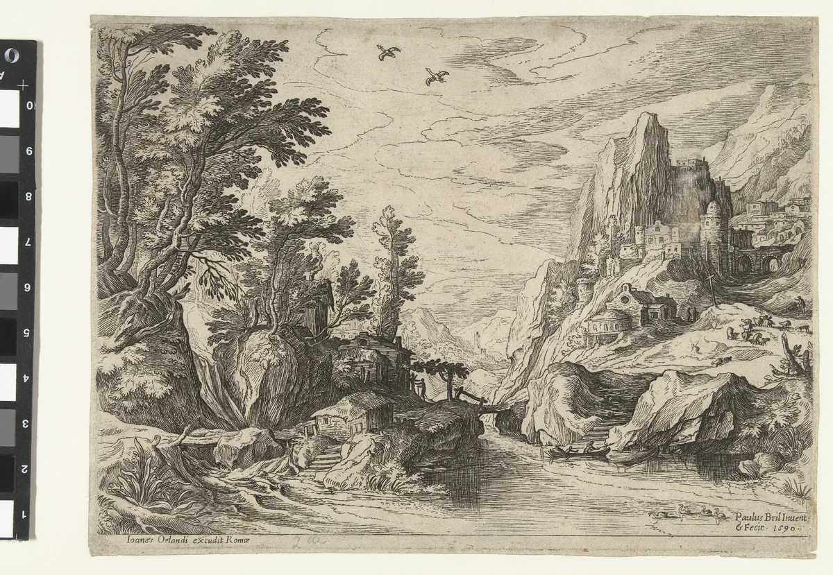 Rivierlandschap in Campania met stad op rotsen by Unknown, print, 1590