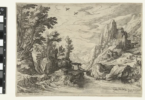 Rivierlandschap in Campania met stad op rotsen by Unknown, print, 1590