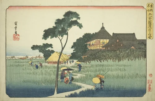 Sazai Hall at the Temple of the Five Hundred Arhats (Gohyaku rakan Sazaido), from the series "Famous Places in the Eastern Capital (Toto meisho)" by Utagawa Hiroshige (歌川広重), print, 1827-1843