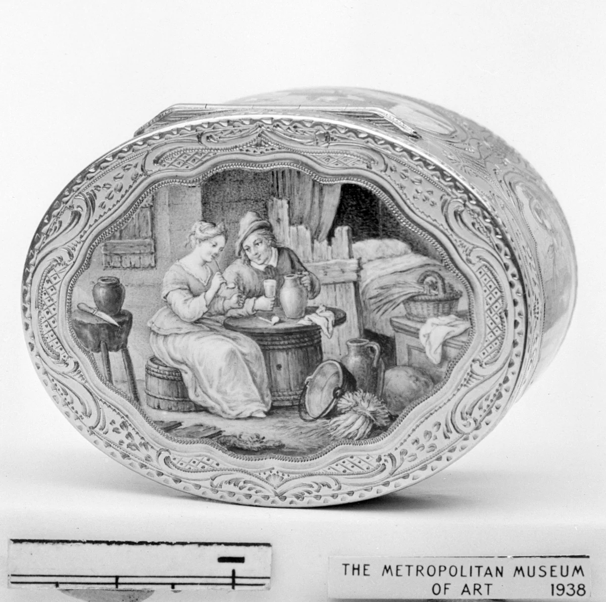 Snuffbox with domestic scenes by Mathieu Coiny fils, metalwork, 1757-1758