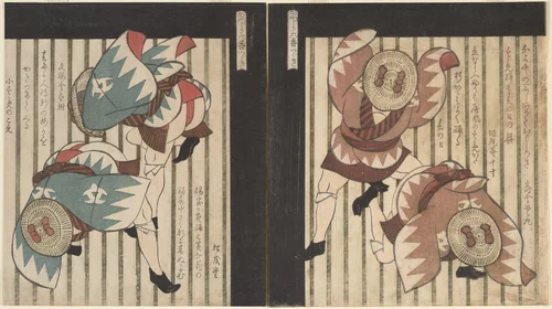 Two Men Wearing Brown Coats, also Straw Hats with Brown Bows by Yashima Gakutei (八島岳亭), print, 1776-1878