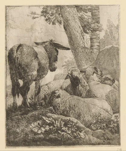 Staande ezel en vier liggende schapen by Johann Heinrich Roos, print, 1668-1670