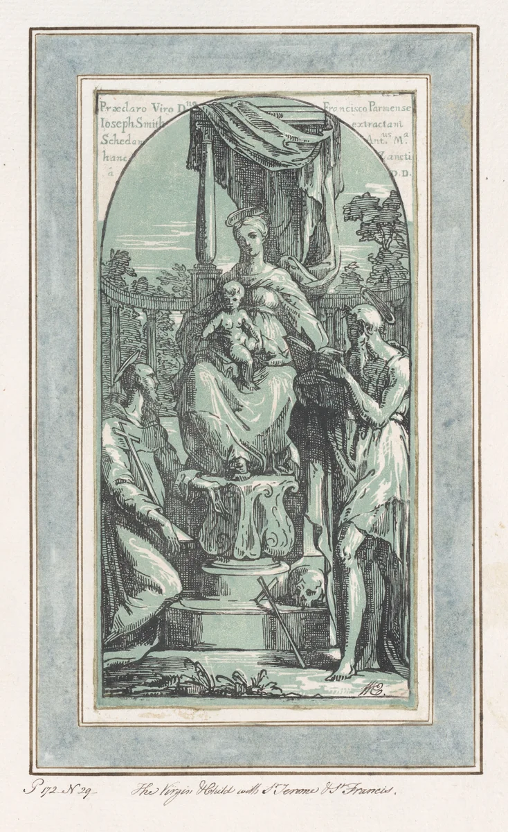 The Virgin and Child Enthroned, Saint Jerome at lower right, Saint Francis at lower left by Anton Maria Zanetti, print, 1720-1749