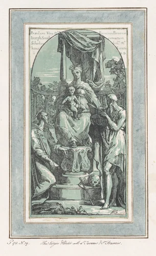 The Virgin and Child Enthroned, Saint Jerome at lower right, Saint Francis at lower left by Anton Maria Zanetti, print, 1720-1749