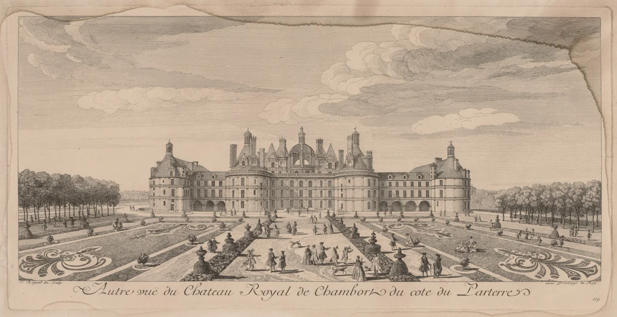 Chateau Chambord from the Gardens by Jacques Rigaud, print, 1700-1754