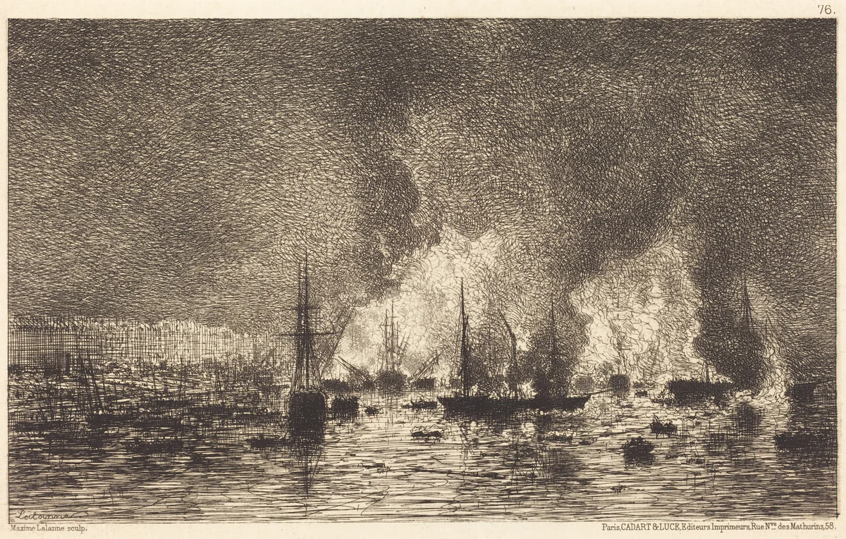 Incendie dans le port de Bordeaux by Maxime Lalanne, print, 1869