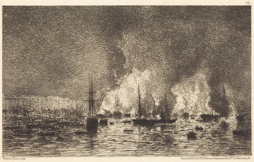 Incendie dans le port de Bordeaux by Maxime Lalanne, print, 1869