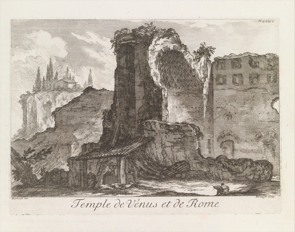 Temple de Venus et de Rome, from Les Plus Beaux Monuments de Rome Ancienne ou Recueil des plus beaux Morceaux de l'Antiquité Romaine qui existent encore by Jean Barbault, print, 1761