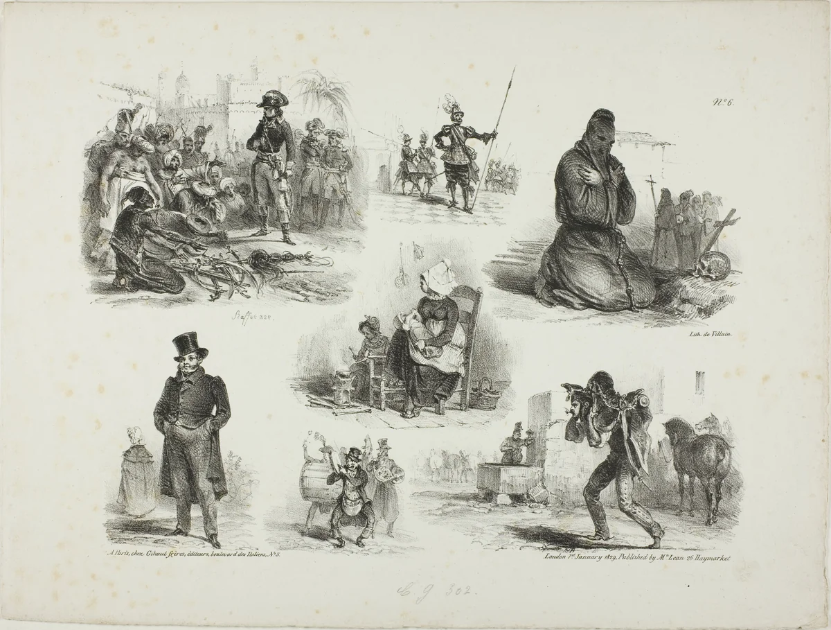 Sheet of Sketches by Denis Auguste Marie Raffet, print, 1828
