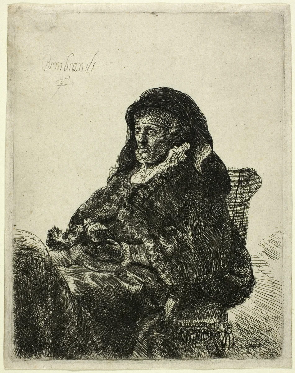 The Artist's Mother Seated at a Table, Looking Right: Three Quarter Length by Rembrandt van Rijn, print, 1626-1669