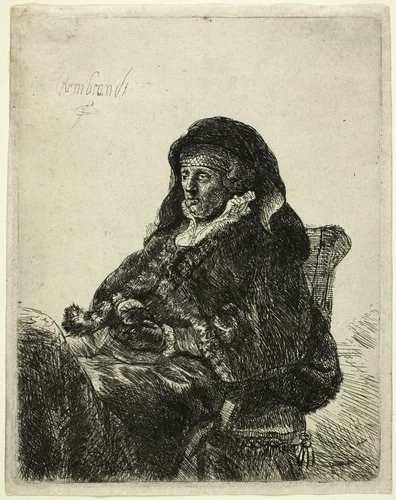 The Artist's Mother Seated at a Table, Looking Right: Three Quarter Length by Rembrandt van Rijn, print, 1626-1669
