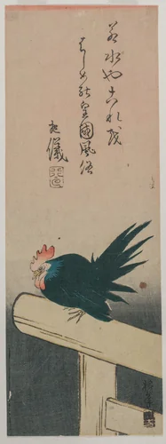 Green Rooster Perched on Torii (Shrine Gate) by Chinnen, print, 1830-1834