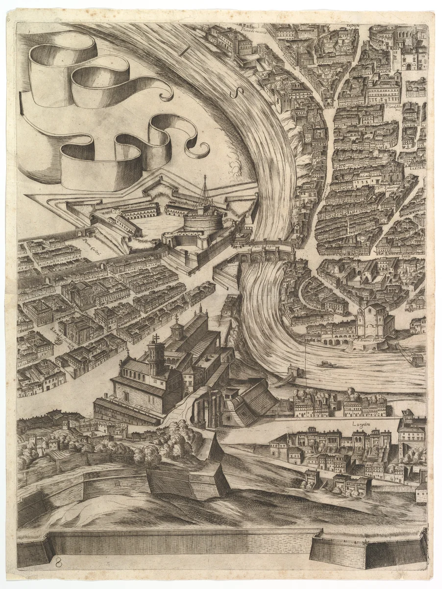 Plan of the City of Rome. Part 8 with the Castel Sant'Angelo by Antonio Tempesta, print, 1645