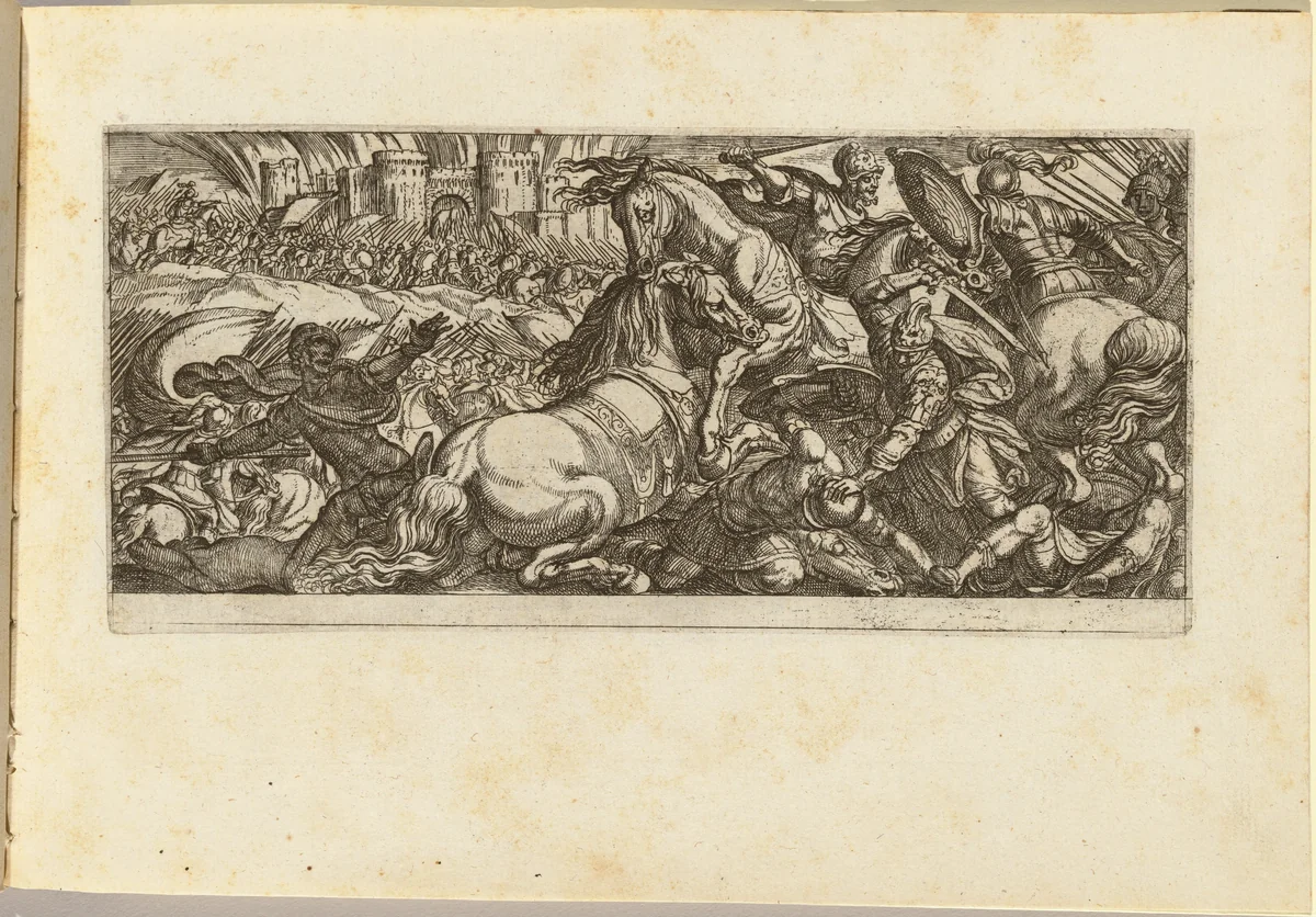 Battle Scene with Two Horses Attacking Each Other by Antonio Tempesta, print, 1555-1630