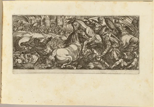 Battle Scene with Two Horses Attacking Each Other by Antonio Tempesta, print, 1555-1630
