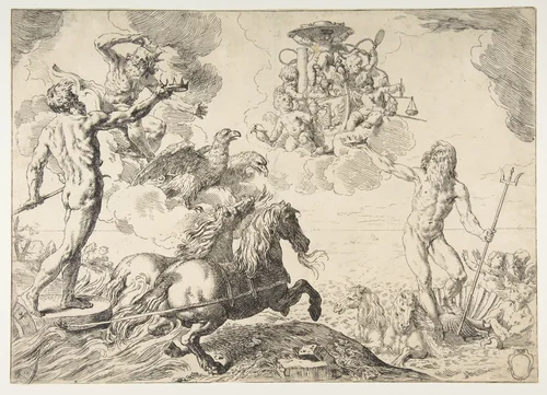 Jupiter, Neptune, and Pluto offering their crowns to the arms of Cardinal Borghese by Simone Cantarini, print, 1642-1643
