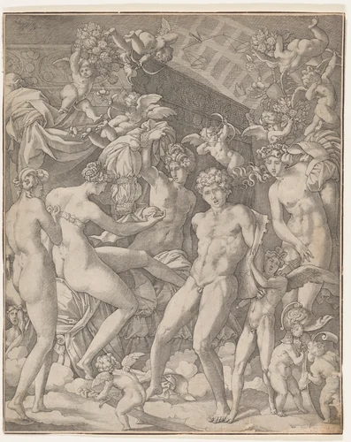 Venus and Mars with cupid and the Three Graces by Master HCB, print, 1560-1565