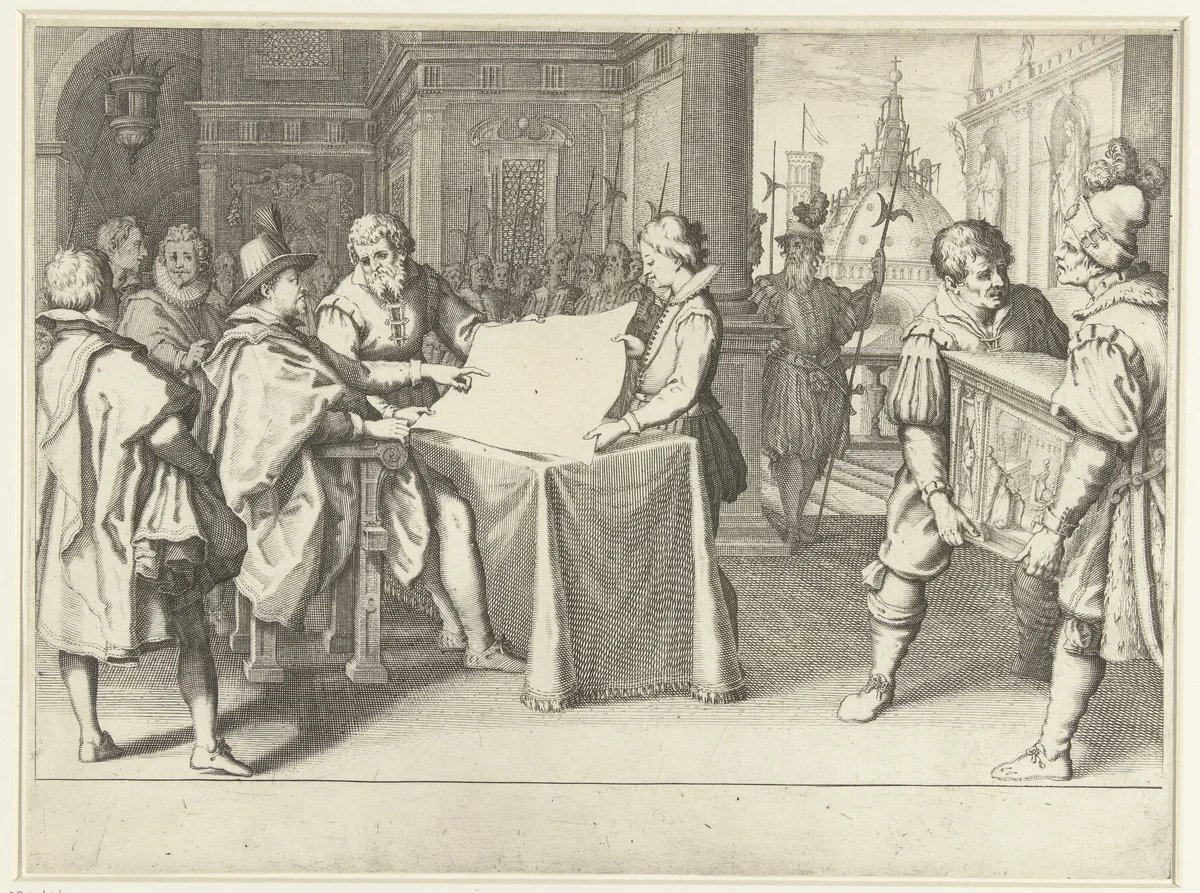 Ferdinando I de' Medici volgt de restauratie van de Santa Maria del Fiore te Florence by Jacques Callot, print, 1614-1620