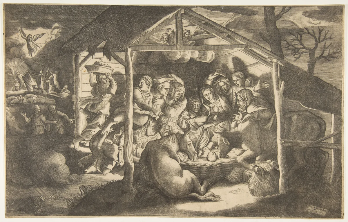 The adoration of the shepherds, various figures surrounding the Christ Child in the centre by Giulio Bonasone, print, 1531-1576