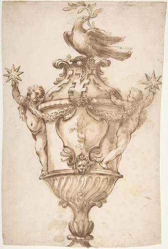 Design for a Covered Vase with the Arms of the Aldobrandini and Pamphilj Families by Alessandro Algardi, drawing, 1598-1654