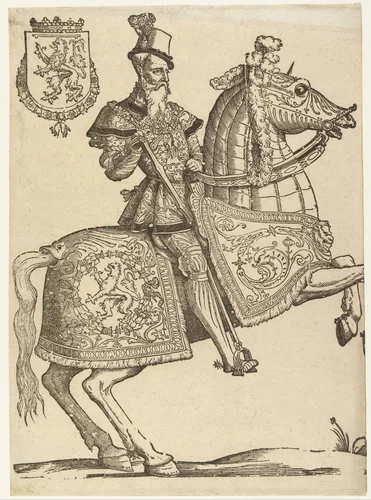 Portret van Reinout III van Brederode te paard by Cornelis Anthonisz, print, 1600-1699