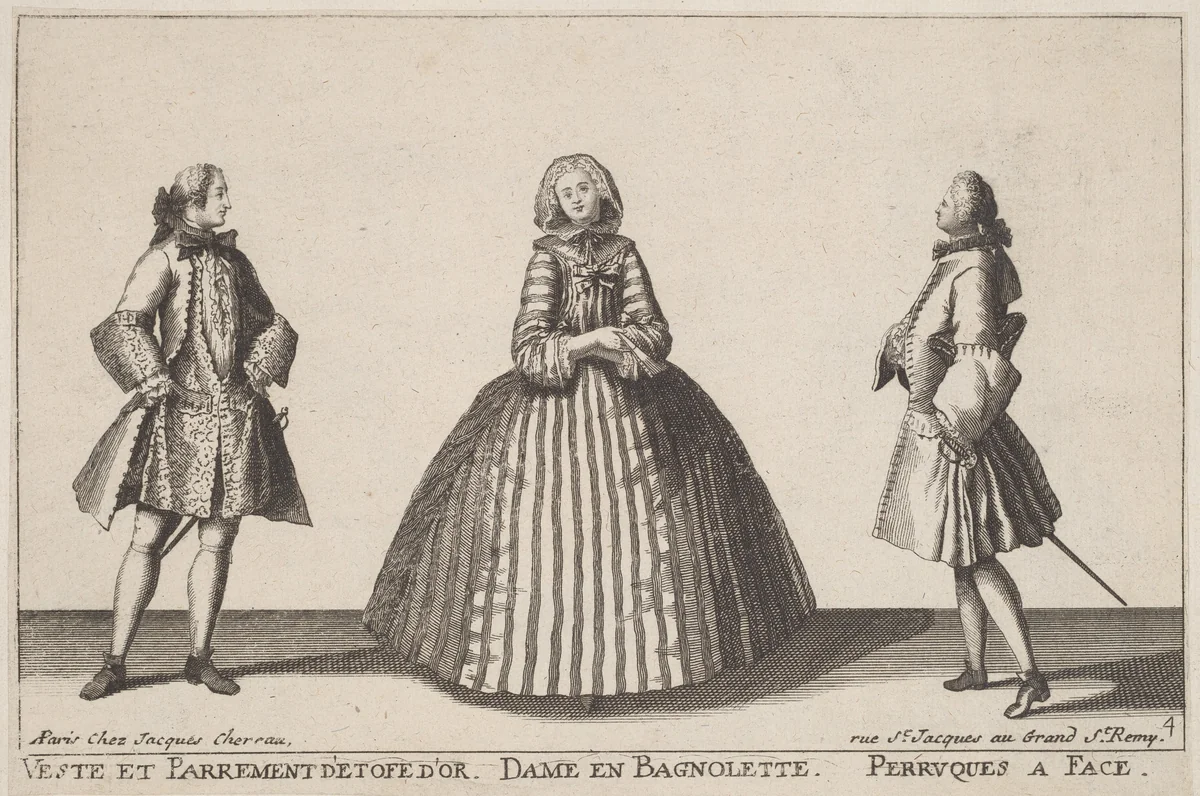 Veste et Parrement d'Etofe d'Or/Dame en Bagnolette/Perruques à Face by Jacques Chéreau, print, 1720