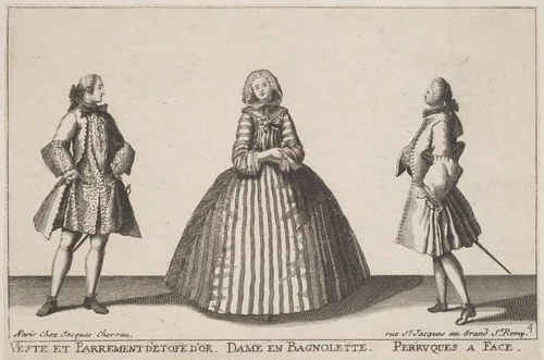 Veste et Parrement d'Etofe d'Or/Dame en Bagnolette/Perruques à Face by Jacques Chéreau, print, 1720