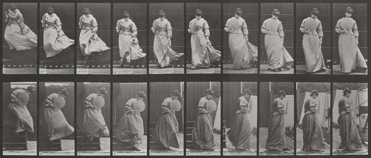 Plate Number 142. Descending stairs and turning, dress caught by Eadweard Muybridge, photograph, 1887