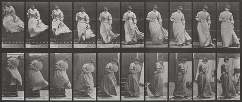 Plate Number 142. Descending stairs and turning, dress caught by Eadweard Muybridge, photograph, 1887