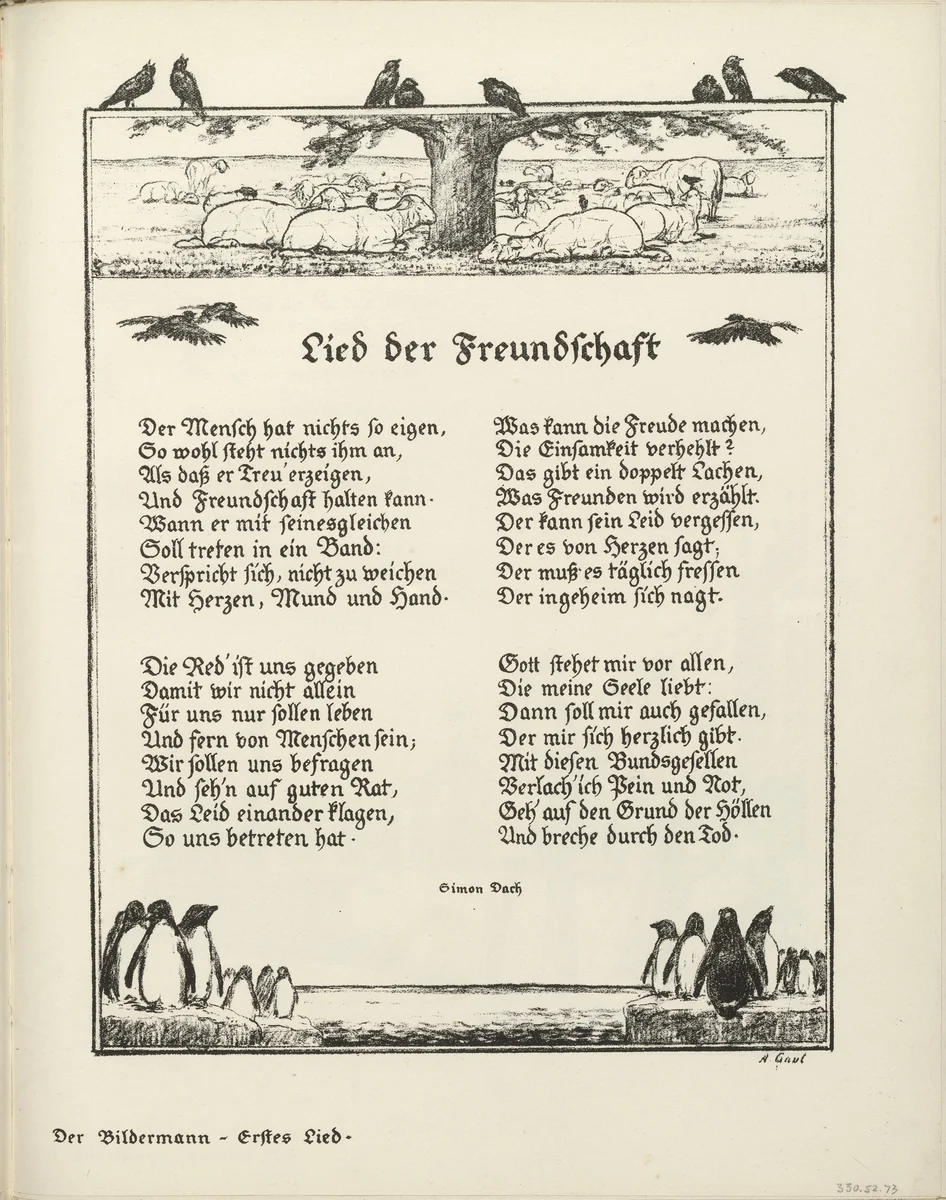 Untitled, illustration to Simon Dach's poem "Song of Friendship" (Lied der Freundschaft) (border, 1st song, folio 39) from the periodical Der Bildermann, supplement to vol. 1, no. 1 (Apr 1916) by August Gaul, periodical, 1916