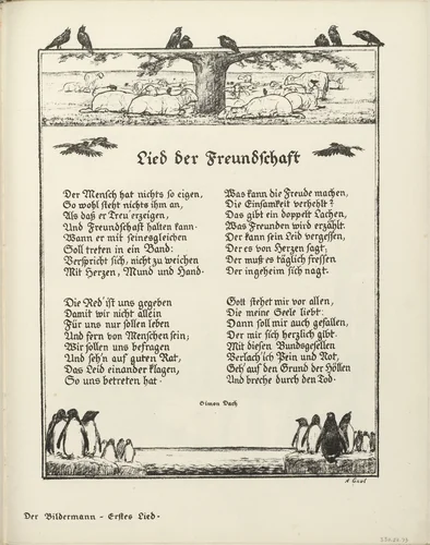 Untitled, illustration to Simon Dach's poem "Song of Friendship" (Lied der Freundschaft) (border, 1st song, folio 39) from the periodical Der Bildermann, supplement to vol. 1, no. 1 (Apr 1916) by August Gaul, periodical, 1916