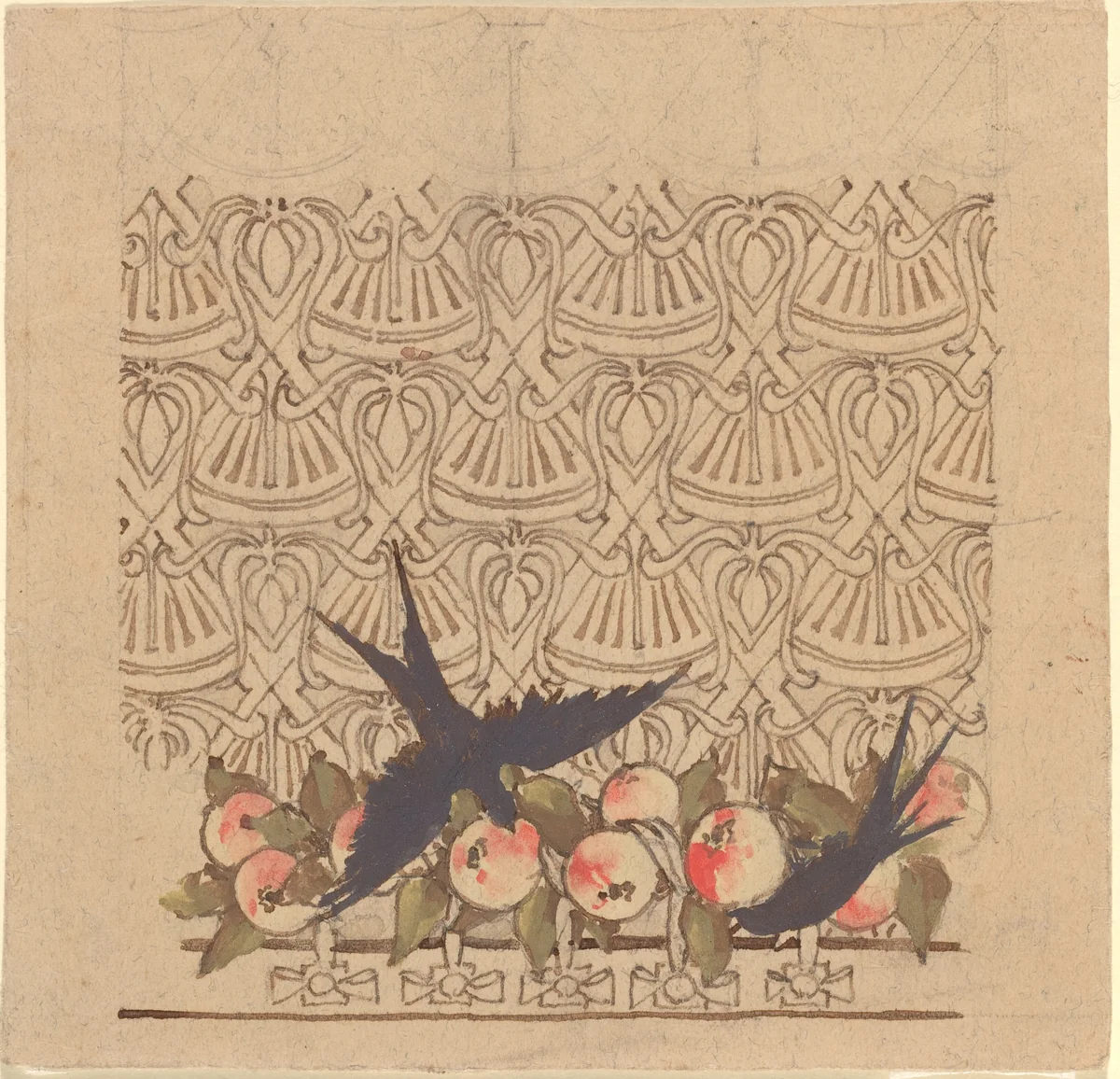 Ornamental design with two birds pecking at fruit by Karel Vitezslav Masek, drawing, 1890-1899