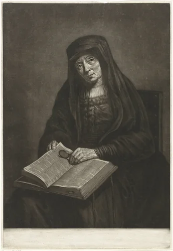 Oude vrouw met bijbel op de schoot, mogelijk de moeder van Rembrandt by Pieter Louw, print, 1743-1800
