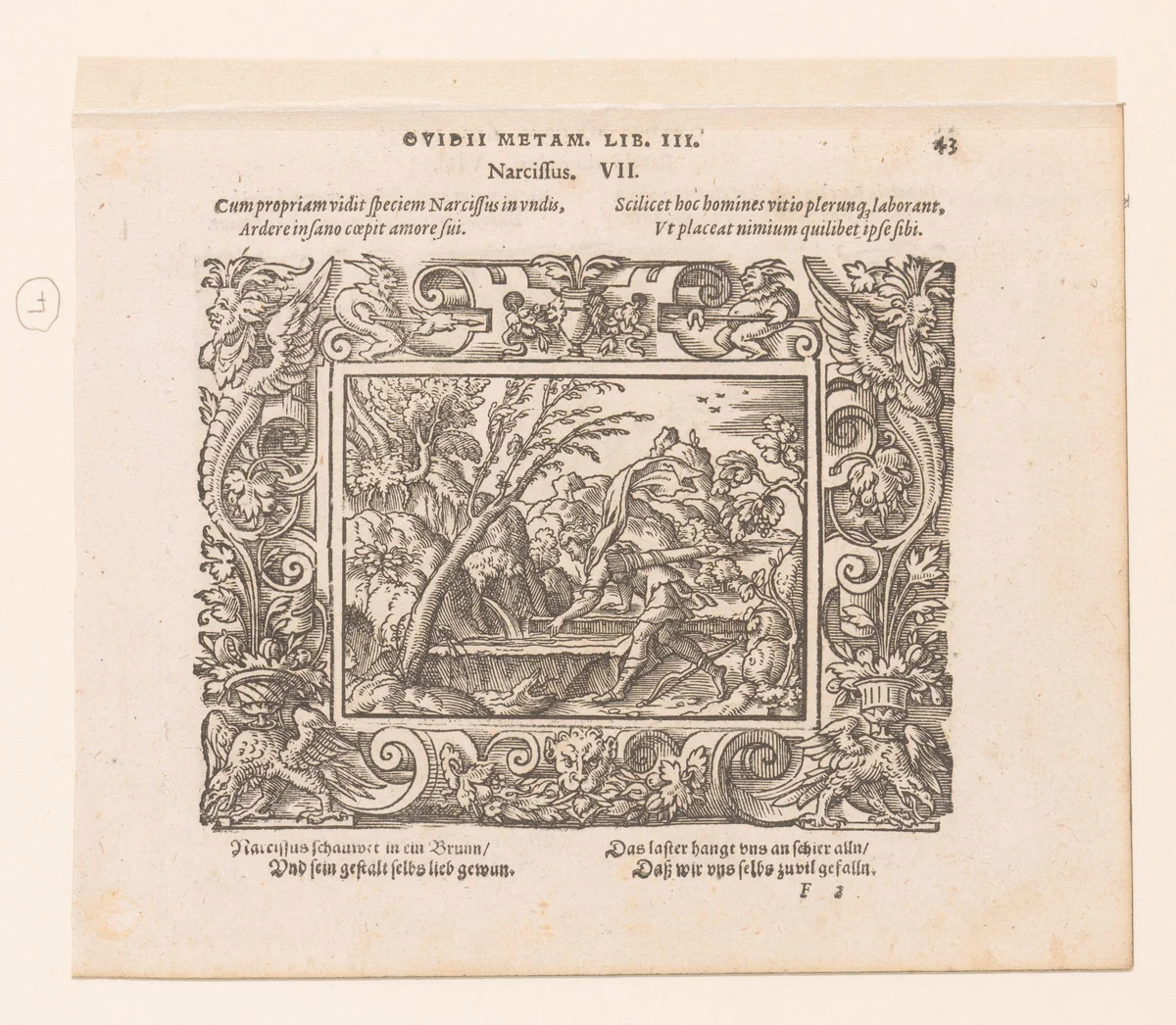 Narcissus verliefd op zijn eigen spiegelbeeld by Virgilius Solis, print, 1569