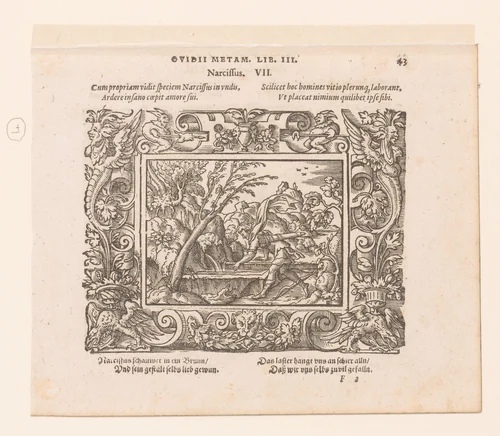 Narcissus verliefd op zijn eigen spiegelbeeld by Virgilius Solis, print, 1569