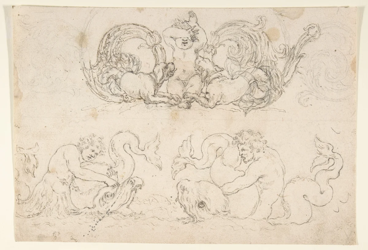 Designs for Ornamental Motifs with Figures, Real and Imaginary Animals, and Coats of Arms of the Medici Grand Dukes by Stefano della Bella, drawing, 1625-1700