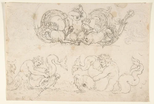Designs for Ornamental Motifs with Figures, Real and Imaginary Animals, and Coats of Arms of the Medici Grand Dukes by Stefano della Bella, drawing, 1625-1700
