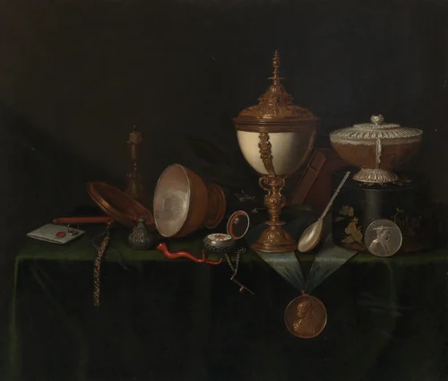 Still Life with Ostrich Egg Cup and the Whitfield Heirlooms by Pieter Gerritsz. van Roestraeten, painting, 1660-1680