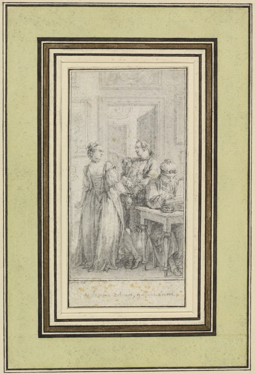 Eighth Day, First Story, Madonna Ambruogia Gives Her Husband the Two Hundred Florins She Was Given by Gulfardo in Payment for Her Favors by Charles Nicolas Cochin II, drawing, 1757