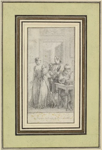 Eighth Day, First Story, Madonna Ambruogia Gives Her Husband the Two Hundred Florins She Was Given by Gulfardo in Payment for Her Favors by Charles Nicolas Cochin II, drawing, 1757